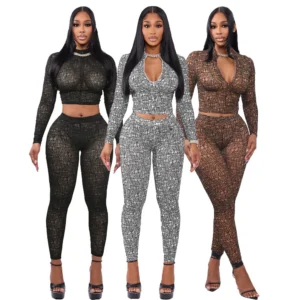Three models in patterned long-sleeve two-piece outfits
