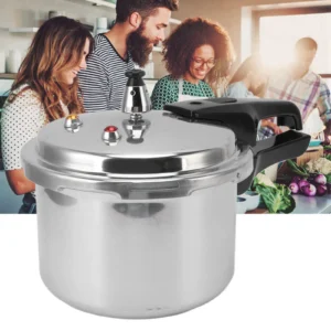 Stainless steel pressure cooker with people cooking