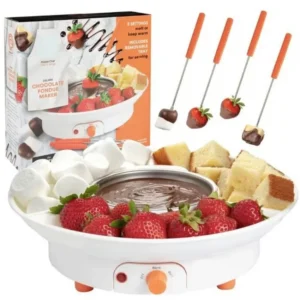 Chocolate fondue set with strawberries and marshmallows