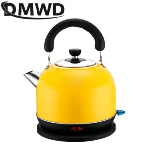 Yellow electric kettle with black handle and base