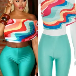 Colorful wavy crop top with teal biker shorts