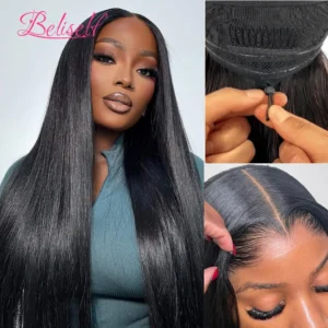 Black woman wearing long straight lace front wig