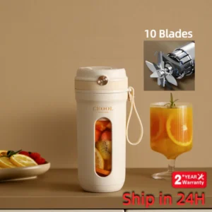 White portable blender with fruit slices