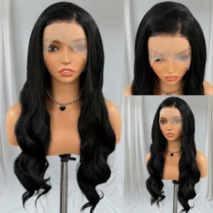 Black wavy lace-front wig on mannequin