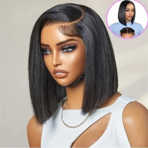 sleek asymmetrical black bob wig on mannequin