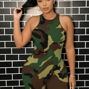Woman in camouflage sleeveless romper