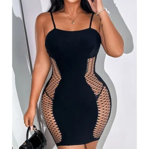 Woman in black bodycon dress with fishnet