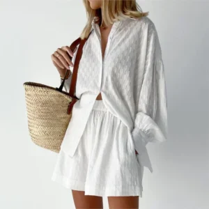 White textured matching shirt and shorts outfit