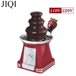 Red chocolate fountain with dipped strawberry