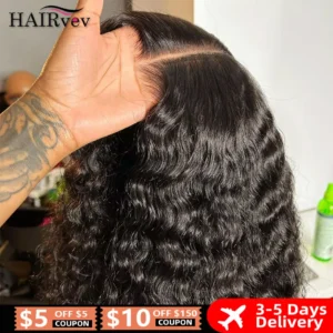 Curly black lace frontal wig held by hand