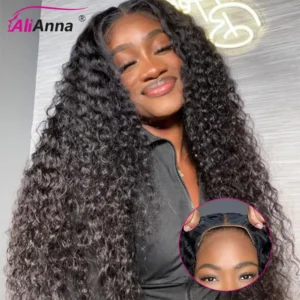Smiling woman wearing long curly wig
