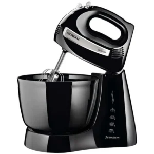 Glossy black stand mixer with mixing bowl