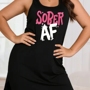 Large-size women's SOBER AF printed tank top dress, short-sleeved round-neck casual top, suitable for summer and spring seasons