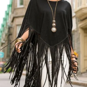 Daily Crew Neck Fringed Solid Loose Top Vintage Tassel Aysmmetric Hem Smock Tops Pullover Cape Cloak Plus Size Women Clothing