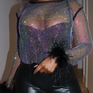 Women‘s Plus Size Mesh T shirt Feather Sleeve Sexy Sequin Cropped Top Transparent Long Sleeve Streetwear Autumn Fashion t shirts