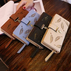 Ladies' PU handbag with card holder and phone pocket, hollow leaf, zipper buckle wallet
