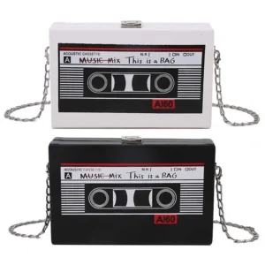 Women Cute Sling Bag Radio Shape Mini Chain Purse PU Leather Tape Recorder Print Ladies Daily Commute Bag