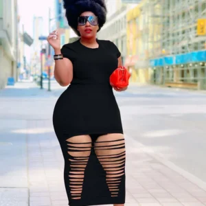 Hollow Out Dress for Women Summer Plus Size Stretchy Bodycon Dress in Solid Color Sexy and Elegant Dresses for Ladies Wholesale
