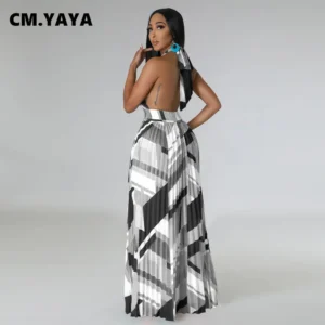 CM.YAYA Women Geometrical Striped Halter Neck Backless Pleated Big Swing Maxi Long Dress 2023 INS Beach Holidaye Party Dresses