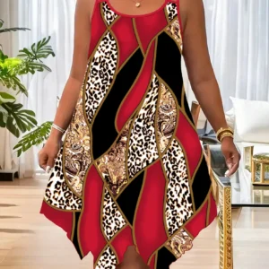 Plus-size women's fashion asymmetrical geometric stripes printed double strap dress