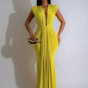 Elegant Ruched Bodycon Maxi Dresses for Women Birthday Night Party Evening Prom Deep V-neck Sheath Celebrity Formal Long Dress