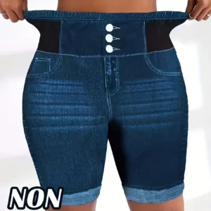 Plus Size Tummy Control Biker Shorts, Chic 3-Button Faux Denim Cycling Shorts, High Waist Slimming Yoga Bottoms for Curvy Women