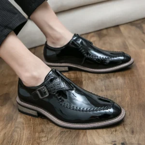 Red Men's Banquet Dress Shoes Luxurious Glossy PU Fashion Designer Leather Shoes Men's Commuting Wooden Heel Black Leather Shoes