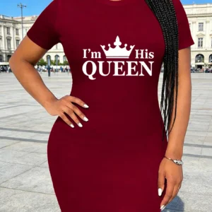 Women's Casual "I'M HIS QUEEN" Theme Letter and Geometric Pattern Print Long-Sleeved T-Shirt Dress - Round neck short sleeves, l