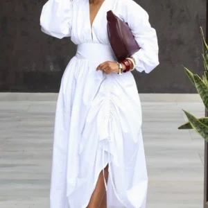 Women's Plus Size Midi Dress V Neck Puff Sleeve High Waist Ruched Side Slit Elegant Casual Party Vacation Maxi Shirt Dress