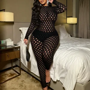 FHSEER Plus Size Sexy Jumpsuit for Women Hollow Out Fishnet Bodycon Open Back High Stretchy Jumpsuit Club Party Outfit