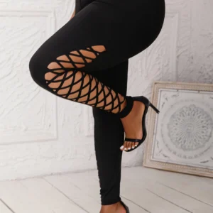 Plus Size  Leggings For Women Clothing with Lattice Cutouts Mid-Waisted Stretchy Solid Color Female Knit Pants for Casual Outing