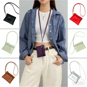 Women's PU Leather Neck Wallet, Dual Zip Around Card Holder Coin Purse Organizer