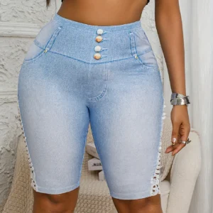 Plus Size Women's Denim-inspired Tight Five-division Shorts with Side Lace-up Design and High Elasticity for Casual Wear