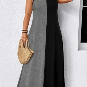 Plus Size Women's Color Block Sleeveless Maxi Dress Summer Casual Crew Neck A Line Flowy Long Sundress Beach Vacation Dress