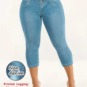 Women's Imitation Denim Leggings - Tight Yoga Stretch Pants - Women's Slim Printed Capri Pants - Stretch Non-sheer Trousers - We