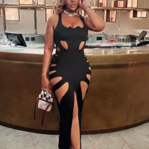 Sisterlinda Sexy Hollow Elegant Midi Dress Women 2023 Summer Sleeveless Hipster Side Split Bodycon Party Clubwear Vestidos Mujer