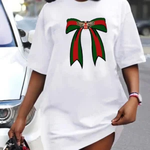 Ladies' spring and summer casual loose plus size bee bow pattern printed round neck short sleeved T-shirt dress
