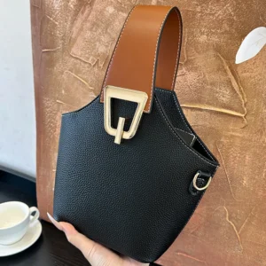 Luxury Bucket Handbags for Women Casual Contrast Color Small Basket Bag Single Shoulder Bags Lychee Pattern Leather Shoulder Bag