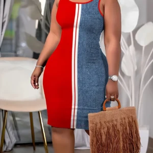 Graphic printing U-neck sleeveless vacation casual tight mid-length T-shirt dress