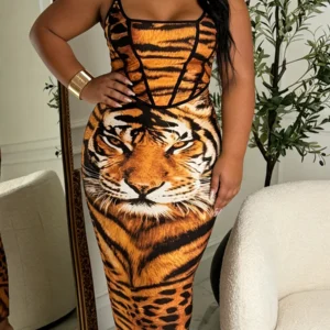 Plus Size Women's Dress Square Neck Spaghetti Strap Tiger Print Corset Bodycon Midi Dress Wild Sexy Spring Summer Party Stretchy