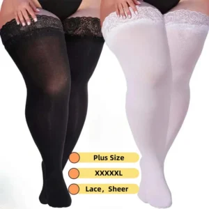 Women Plus Size Sexy Lace Top Black Gothic Stockings with Silicon Anti-skid Thigh High Sheer Girls long Socks for Woman XXXXXL