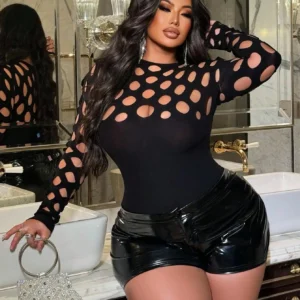 Women's Sexy Jumpsuit Fishnet Plus Size Bodycon Top Romper Solid Color Fashion Sexy Long Sleeve