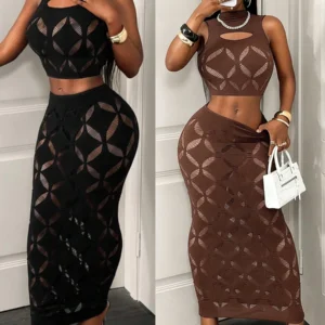 FHSEER Plus Size 2PCS Women's Sexy Set See Through Mesh Hollow Out Crop Tank & High Waist Bodycon Mini Skirt Stretechy Clubwear