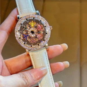 1 Piece of an Upgraded Version of a Dazzling, Fashionable, and Luxurious Women's Watch, Featuring Colorful Rhinestone Quartz Watch, with a Charming Rotating Colorful Snowflake Dial, Stainless Steel Case, Durable Leather Strap, and a Waterproof Design. the Watch Is Perfect for Women as a Date Gift an