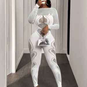 FHSEER Women's Sexy Jumpsuit Sheer Mesh Long Sleeve Hollow Out Bodycon High-Waist Stretchy Club Party Date Night Out Outfit