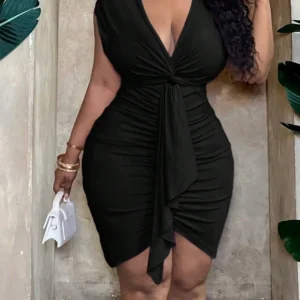 GIBSIE Plus Size Black Front Twist Deep V-Neck Sexy Dress 2025 Summer Women Fashion Club Party Elegant Hip Wrap Short Dresses